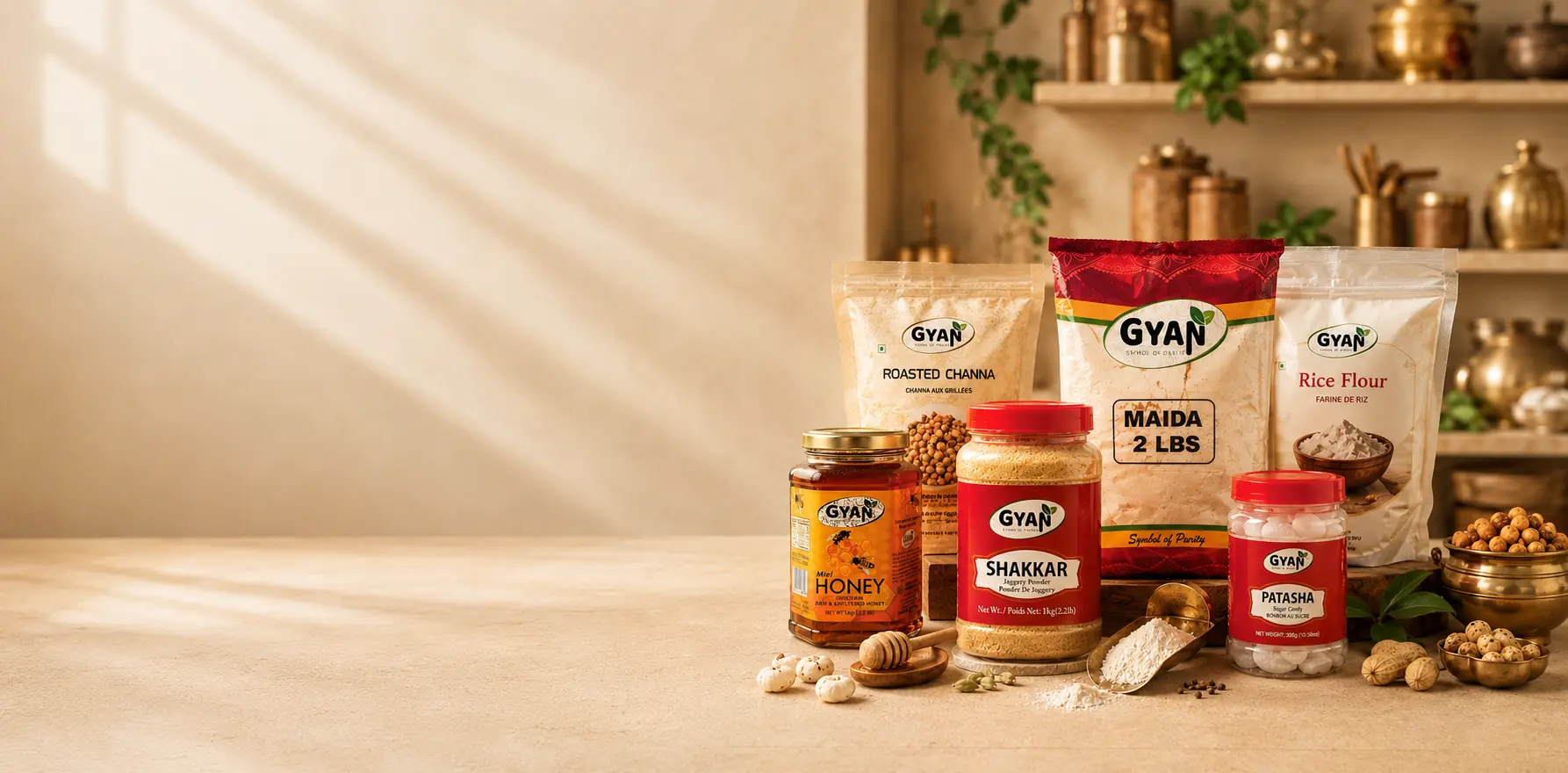 A curated selection of Gyan Foods products presented in a premium pantry setting